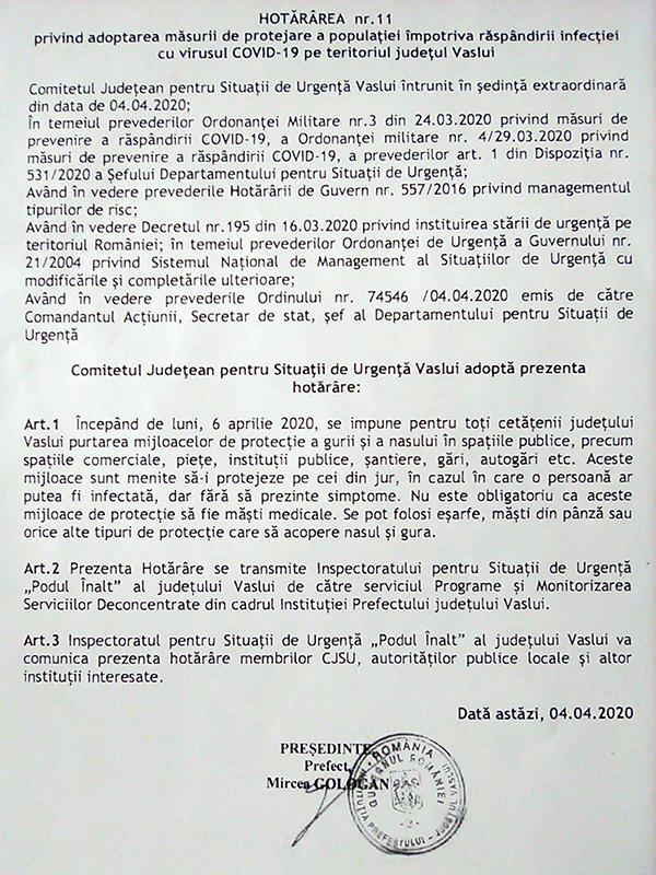 hotarare prefectura masti vaslui